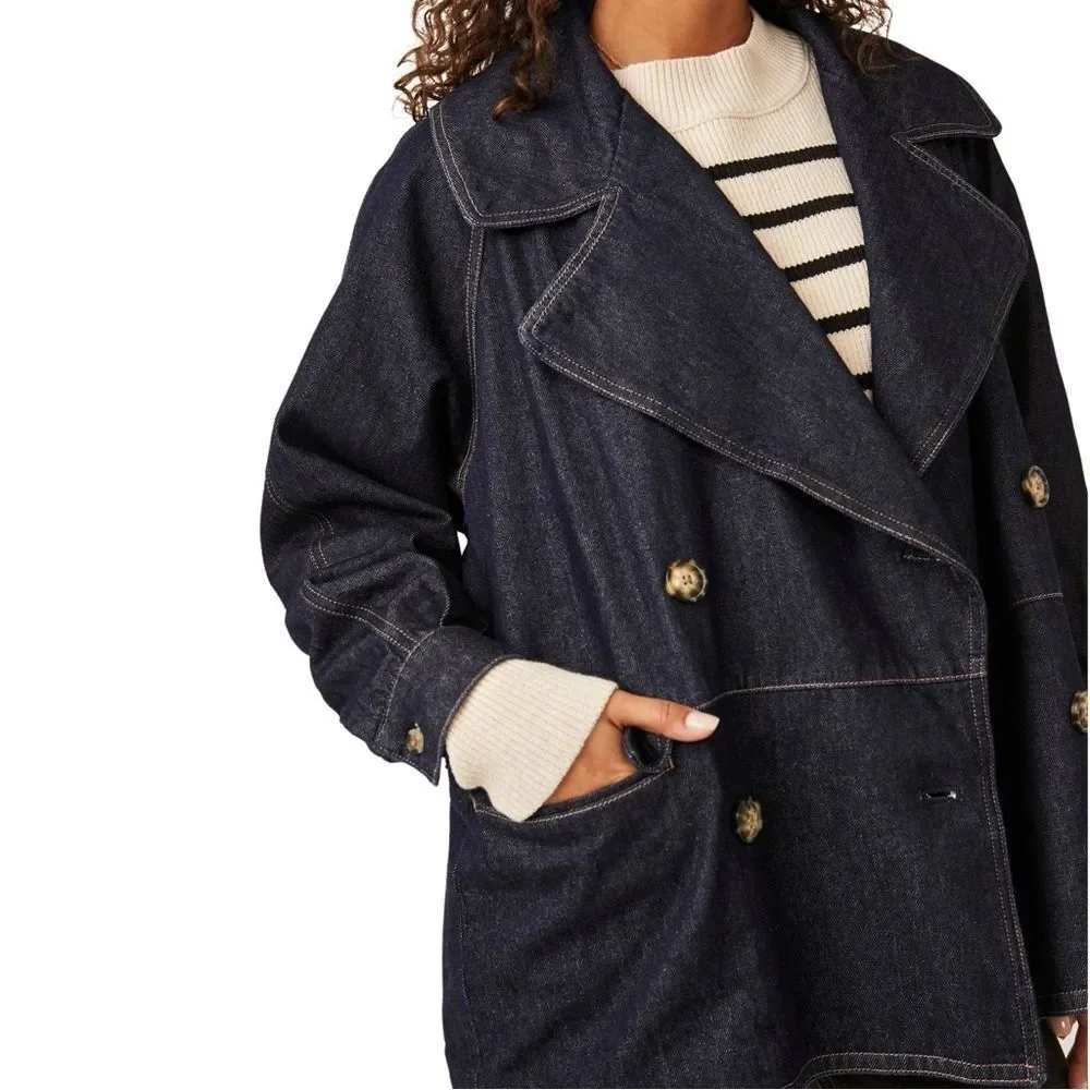 NWOT Free People Denim Car Coat in Rinse Wash Blue Oversized Sz XS 100% cotton